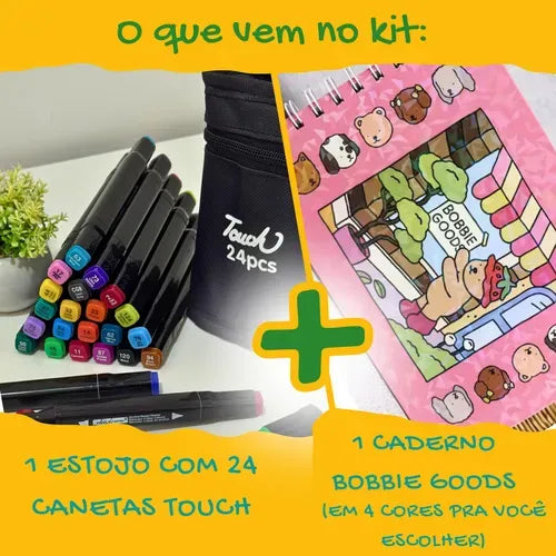 Kit Livro Colorir Bobbie Goods + 24 Canetinha Touch 2 Pontas